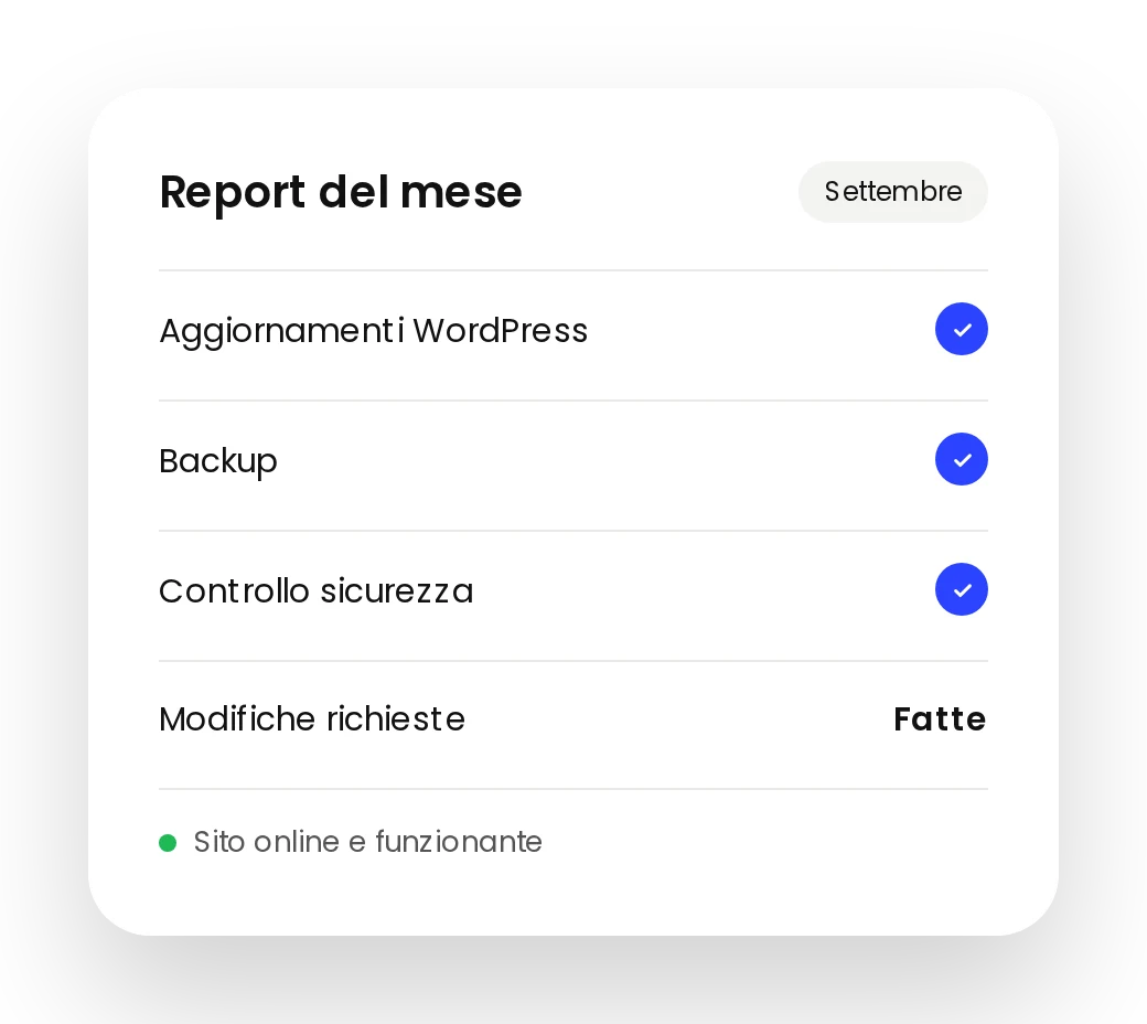 Report mensile di manutenzione di un sito WordPress: aggiornamenti, backup e sicurezza